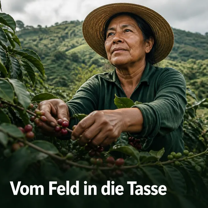 Mit SAM erstellter Instagram-Post: eine Kaffeepflückerin im Feld, Bildtext 'Vom Feld in die Tasse'