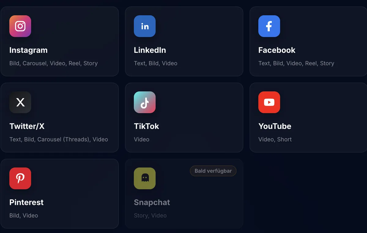Verfügbare Plattformen in SAM: Instagram, LinkedIn, Facebook, X, TikTok, YouTube und Pinterest
