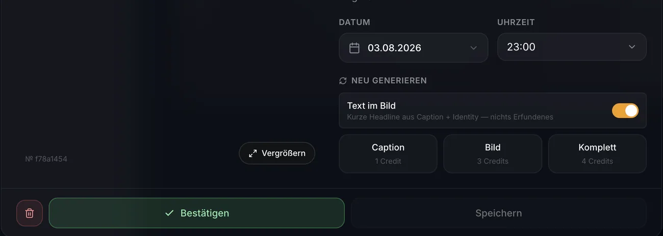 Freigabe in SAM: Termin, Kosten je Generierung und die Schaltfläche Bestätigen